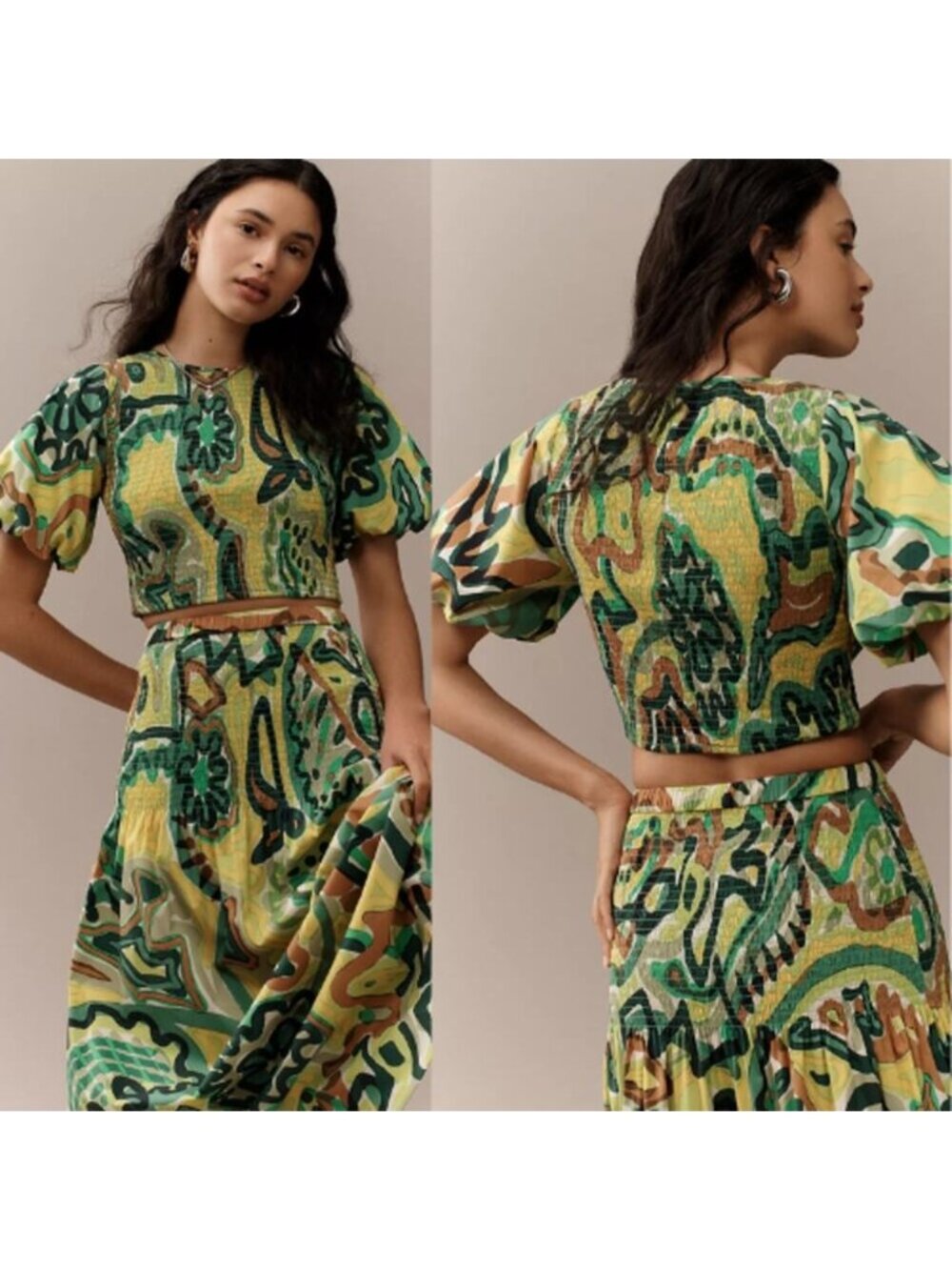 NWT Simon Miller Vida Puff Short Sleeve Poplin Crop Top Abstract Green Size: M
